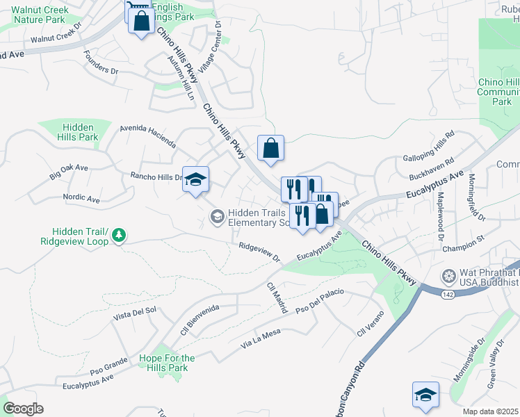 map of restaurants, bars, coffee shops, grocery stores, and more near 2475 Moon Dust Drive in Chino Hills
