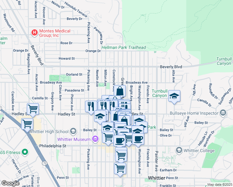 map of restaurants, bars, coffee shops, grocery stores, and more near 6242 Comstock Avenue in Whittier