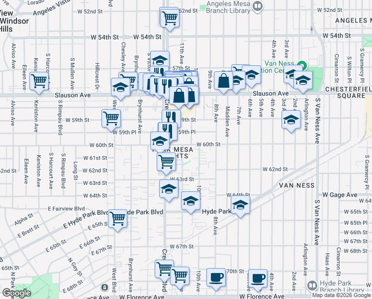map of restaurants, bars, coffee shops, grocery stores, and more near 3335 West 60th Street in Los Angeles