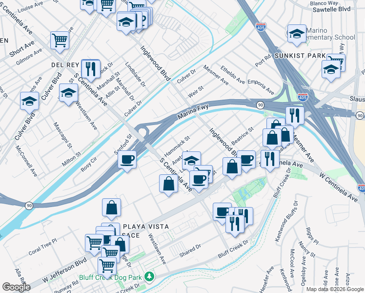 map of restaurants, bars, coffee shops, grocery stores, and more near 12126 Hammack Street in Culver City