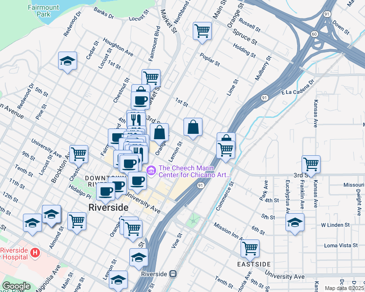 map of restaurants, bars, coffee shops, grocery stores, and more near 3356 Lemon Street in Riverside