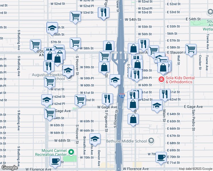 map of restaurants, bars, coffee shops, grocery stores, and more near S Figueroa St & W 60th St in Los Angeles