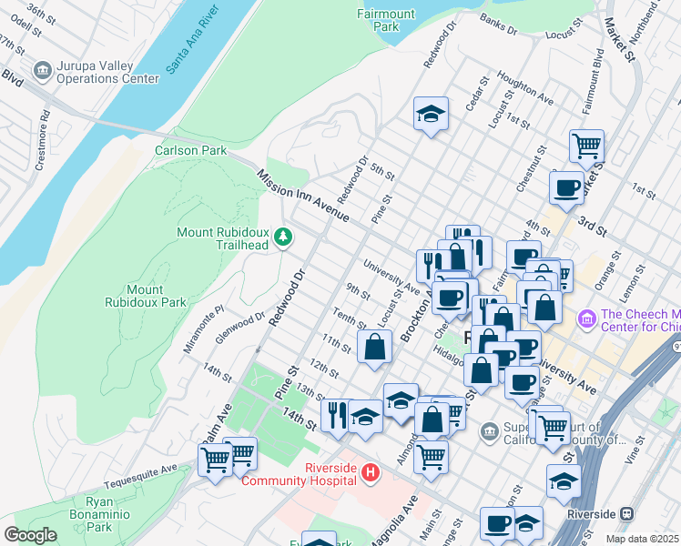 map of restaurants, bars, coffee shops, grocery stores, and more near 4465 9th Street in Riverside