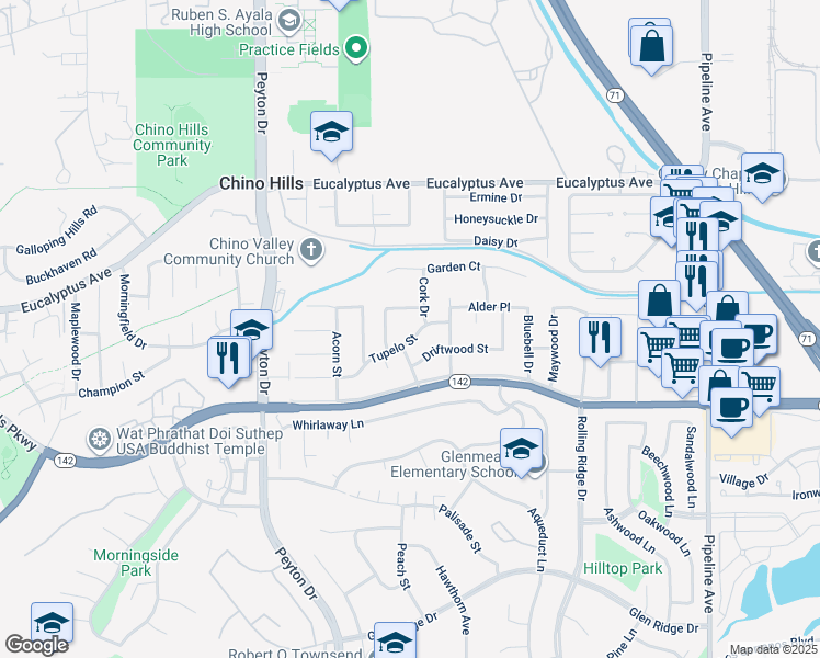 map of restaurants, bars, coffee shops, grocery stores, and more near 14735 Brierwood Drive in Chino Hills
