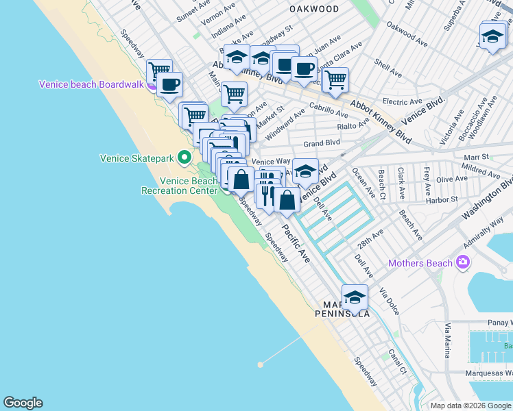 map of restaurants, bars, coffee shops, grocery stores, and more near 22 20th Avenue in Los Angeles