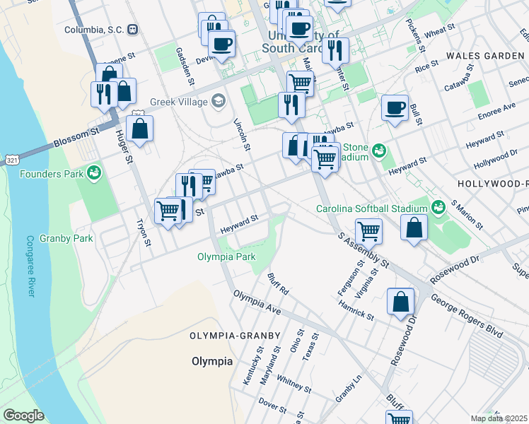 map of restaurants, bars, coffee shops, grocery stores, and more near 113 Lincoln Street in Columbia
