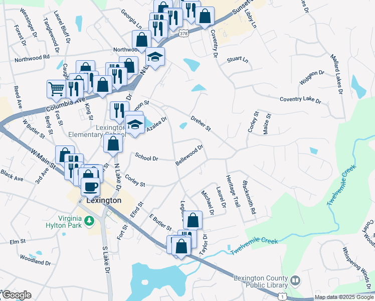 map of restaurants, bars, coffee shops, grocery stores, and more near 506 Harmon Street in Lexington
