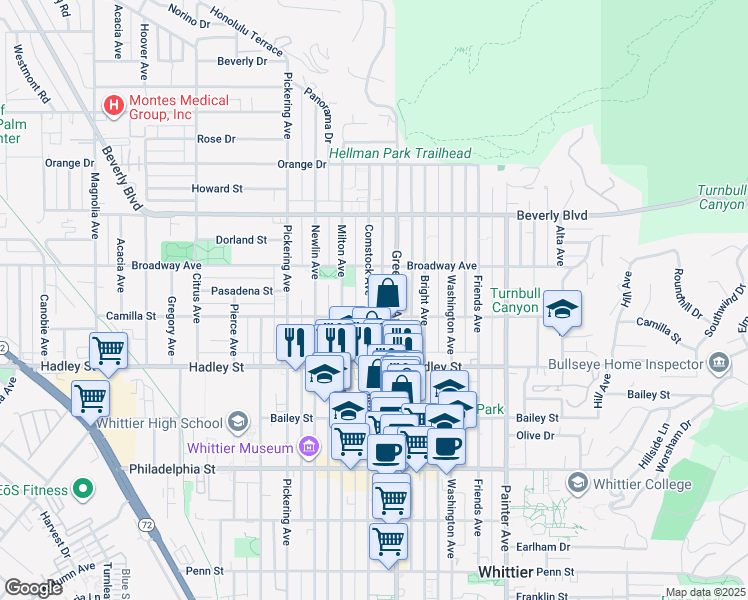 map of restaurants, bars, coffee shops, grocery stores, and more near 6242 Comstock Avenue in Whittier