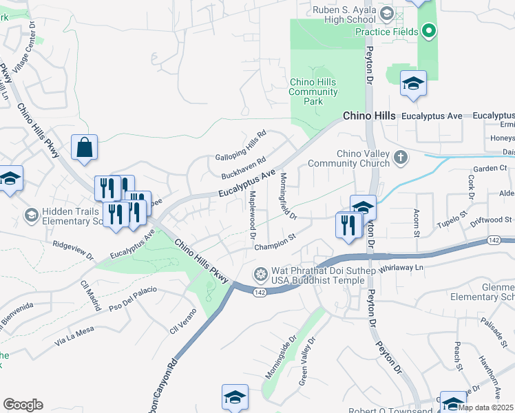 map of restaurants, bars, coffee shops, grocery stores, and more near 14773 Maplewood Drive in Chino Hills
