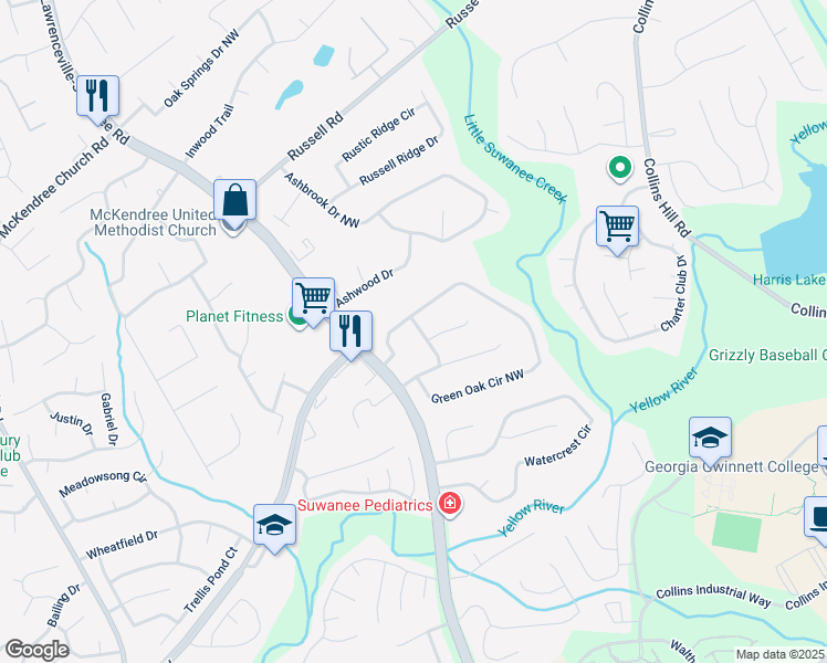 map of restaurants, bars, coffee shops, grocery stores, and more near 1350 Greenfield Way in Lawrenceville
