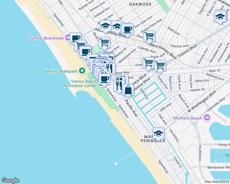 map of restaurants, bars, coffee shops, grocery stores, and more near 24 20th Avenue in Los Angeles