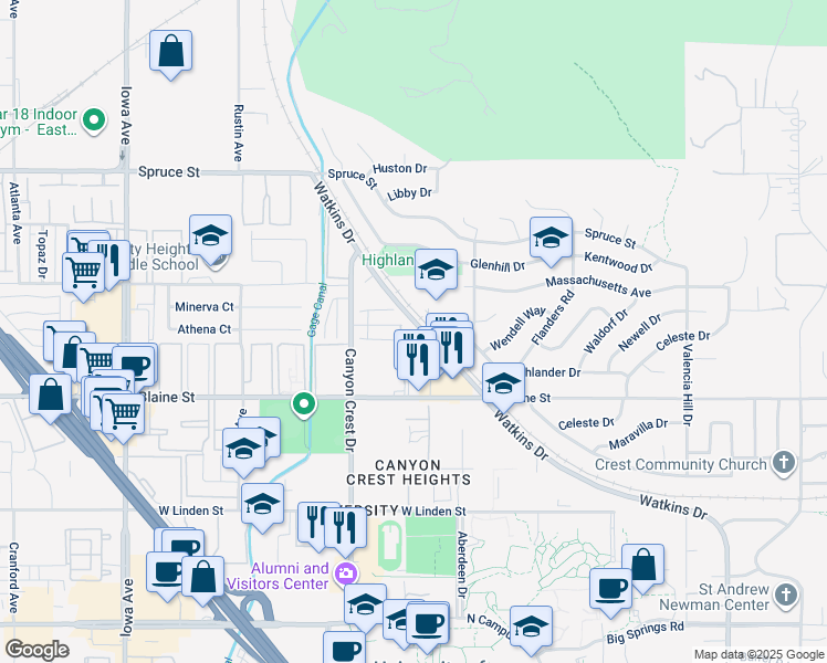 map of restaurants, bars, coffee shops, grocery stores, and more near 770 Prescott Way in Riverside