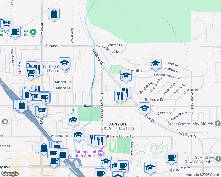 map of restaurants, bars, coffee shops, grocery stores, and more near 851 Prescott Way in Riverside