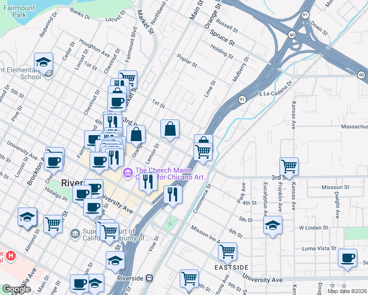 map of restaurants, bars, coffee shops, grocery stores, and more near 3255 Lime Street in Riverside