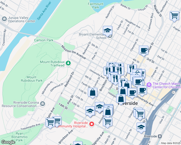 map of restaurants, bars, coffee shops, grocery stores, and more near 4380 University Avenue in Riverside