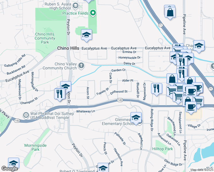map of restaurants, bars, coffee shops, grocery stores, and more near 14735 Brierwood Drive in Chino Hills