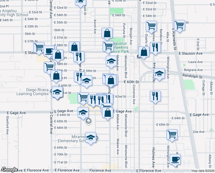 map of restaurants, bars, coffee shops, grocery stores, and more near 6003 Compton Avenue in Los Angeles