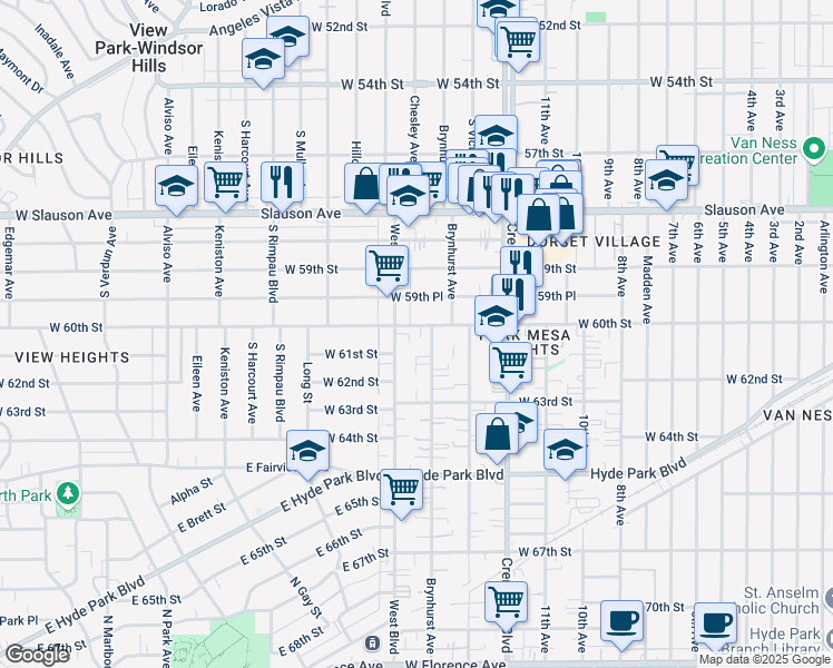 map of restaurants, bars, coffee shops, grocery stores, and more near 5974 West Boulevard in Los Angeles