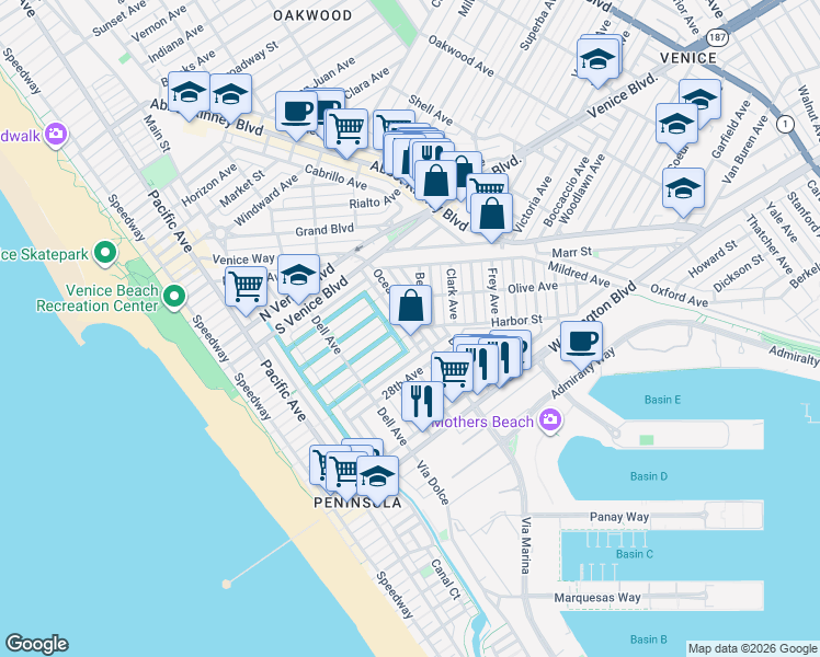 map of restaurants, bars, coffee shops, grocery stores, and more near 2403 Ocean Avenue in Los Angeles
