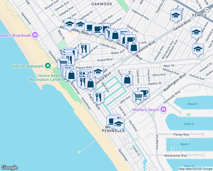 map of restaurants, bars, coffee shops, grocery stores, and more near in Los Angeles