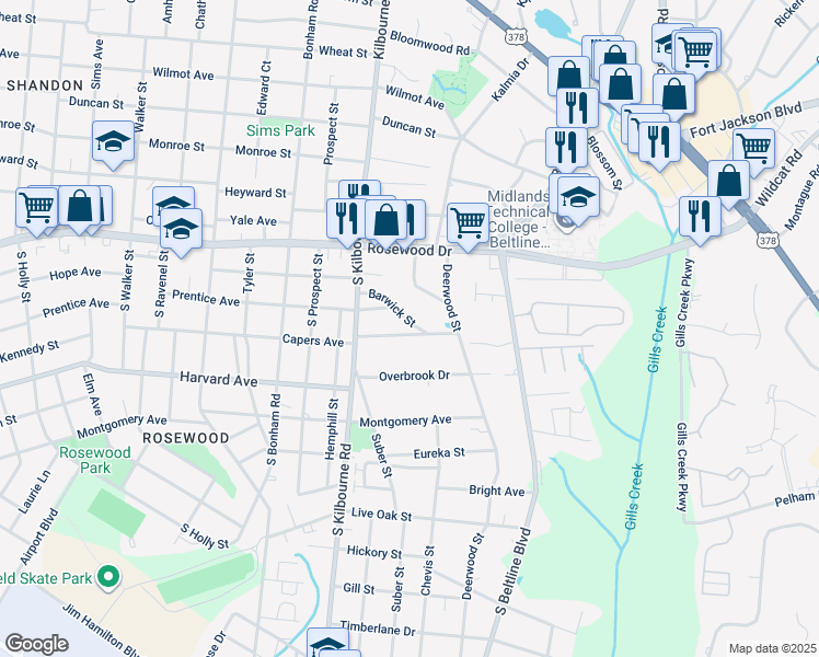 map of restaurants, bars, coffee shops, grocery stores, and more near 3849 Barwick Street in Columbia