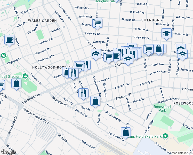 map of restaurants, bars, coffee shops, grocery stores, and more near 401 South Waccamaw Avenue in Columbia