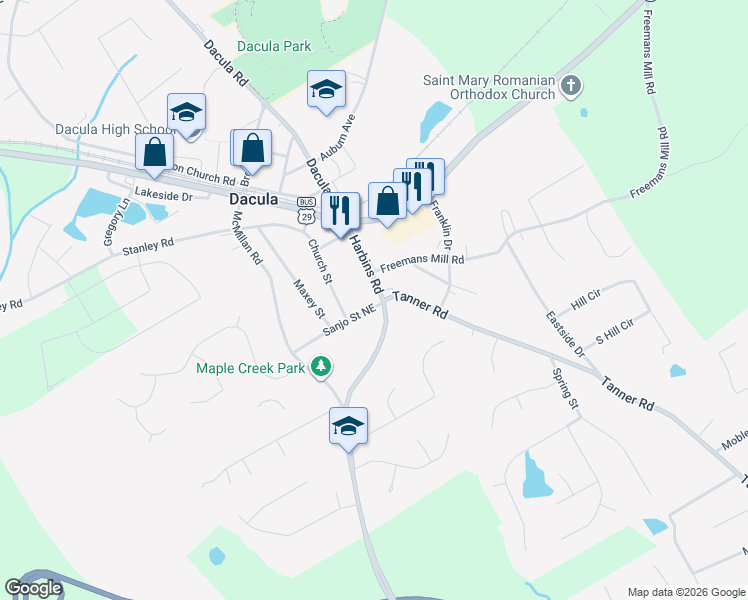 map of restaurants, bars, coffee shops, grocery stores, and more near 381 Harbins Road in Dacula