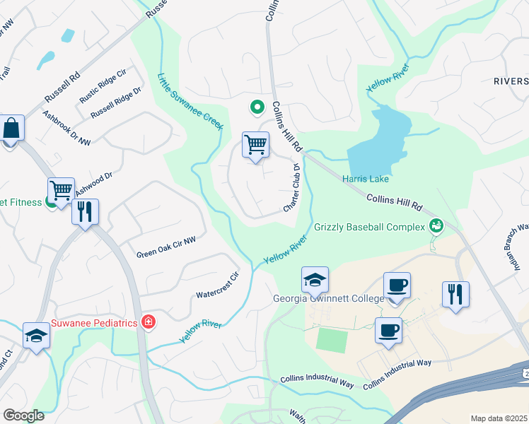 map of restaurants, bars, coffee shops, grocery stores, and more near 1185 Charter Club Drive in Lawrenceville