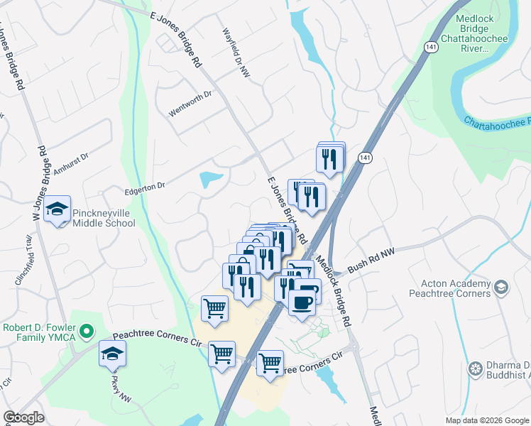 map of restaurants, bars, coffee shops, grocery stores, and more near 5010 Wild Ginger Cove in Norcross