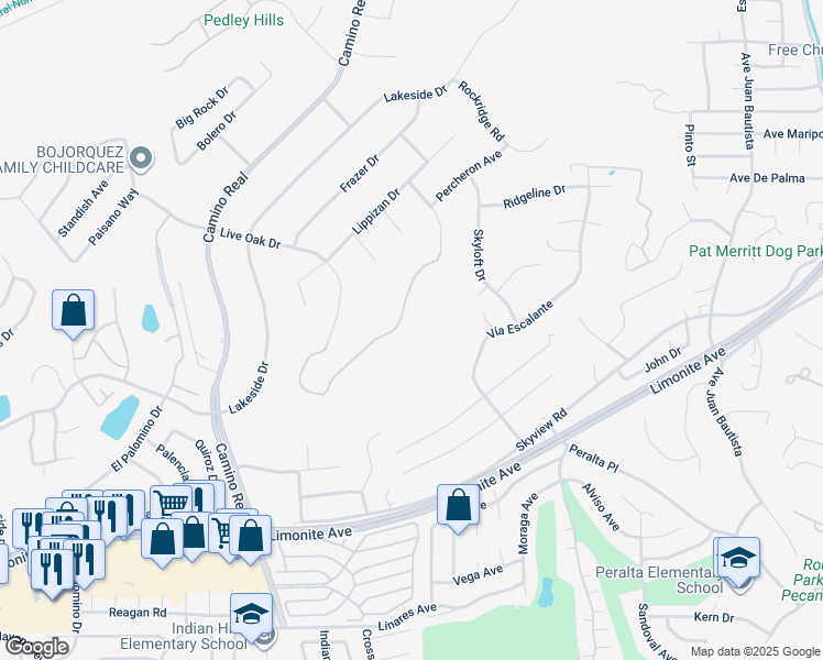map of restaurants, bars, coffee shops, grocery stores, and more near 7340 Live Oak Drive in Riverside