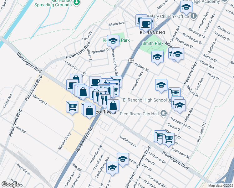 map of restaurants, bars, coffee shops, grocery stores, and more near 9015 Carron Drive in Pico Rivera