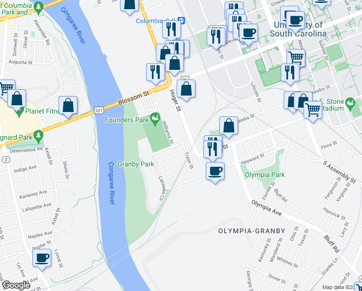 map of restaurants, bars, coffee shops, grocery stores, and more near 229 Tryon Street in Columbia