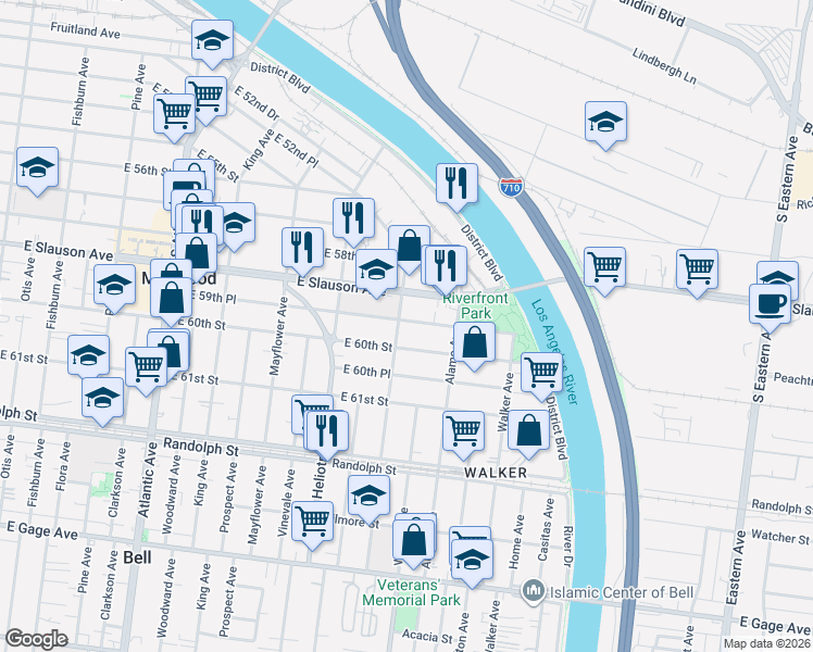 map of restaurants, bars, coffee shops, grocery stores, and more near 4917 East 59th Place in Maywood