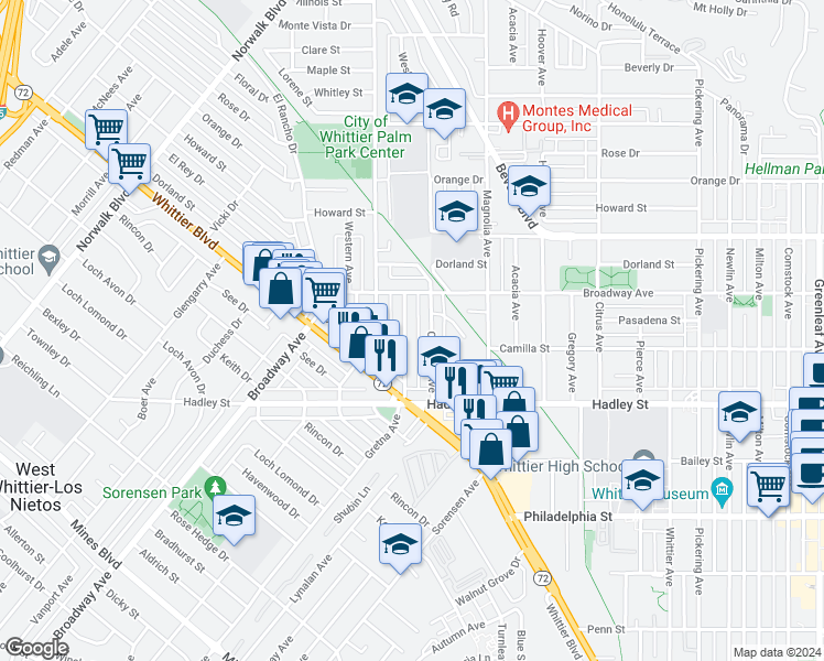 map of restaurants, bars, coffee shops, grocery stores, and more near 6240 Gretna Avenue in Whittier
