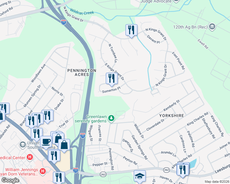 map of restaurants, bars, coffee shops, grocery stores, and more near 88 Somerton Place in Columbia