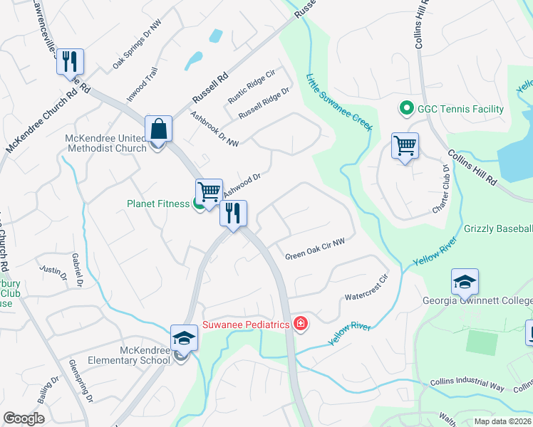 map of restaurants, bars, coffee shops, grocery stores, and more near 1770 Green Oak Circle Northwest in Lawrenceville