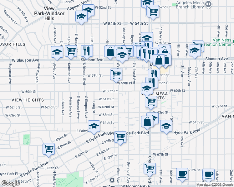 map of restaurants, bars, coffee shops, grocery stores, and more near 3600 West 60th Street in Los Angeles