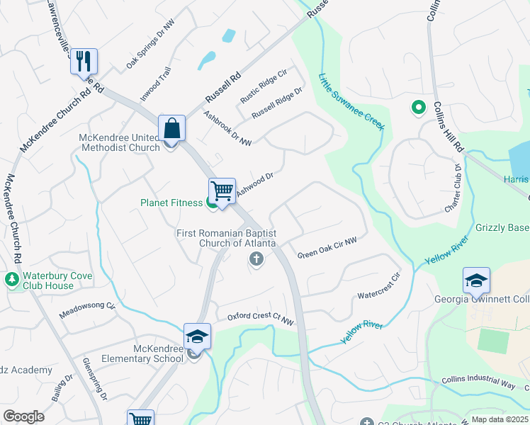 map of restaurants, bars, coffee shops, grocery stores, and more near 1831 Green Oak Circle Northwest in Lawrenceville