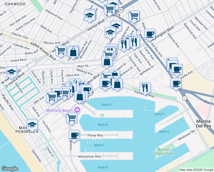 map of restaurants, bars, coffee shops, grocery stores, and more near 4333 Admiralty Way in Marina del Rey