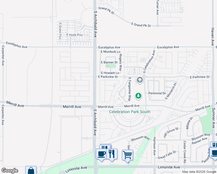 map of restaurants, bars, coffee shops, grocery stores, and more near 2783 East Raspberry Lane in Ontario