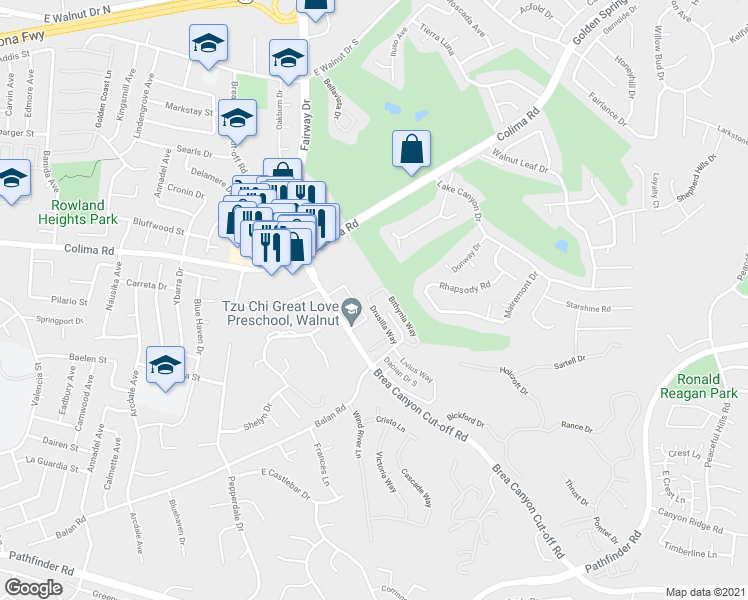 map of restaurants, bars, coffee shops, grocery stores, and more near 20051 Esquiline Avenue in Walnut