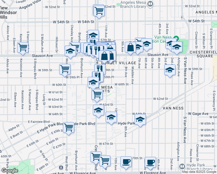 map of restaurants, bars, coffee shops, grocery stores, and more near 3236 West 60th Street in Los Angeles