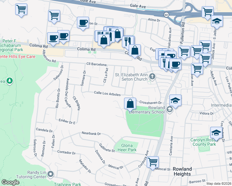 map of restaurants, bars, coffee shops, grocery stores, and more near 17931 Calle Los Arboles in Rowland Heights