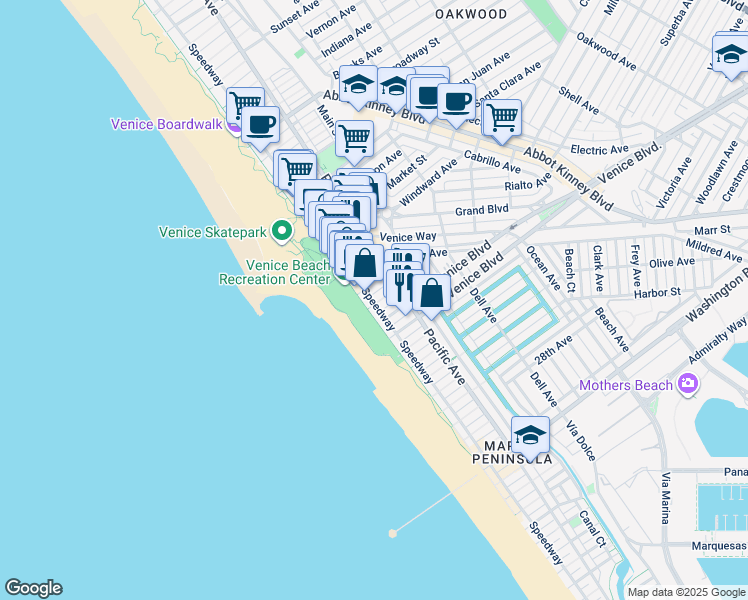 map of restaurants, bars, coffee shops, grocery stores, and more near 11 20th Avenue in Los Angeles