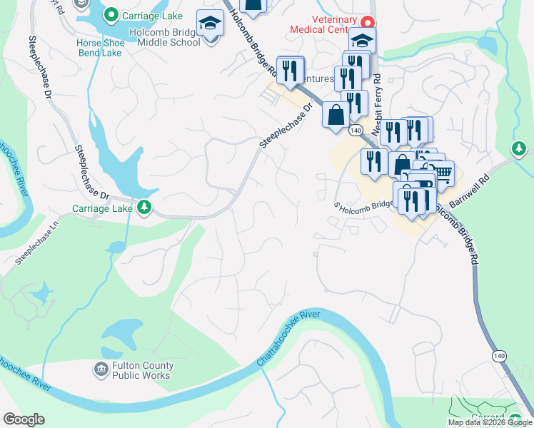 map of restaurants, bars, coffee shops, grocery stores, and more near 175 Willow Brook Drive in Roswell