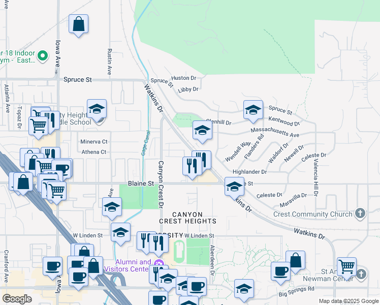 map of restaurants, bars, coffee shops, grocery stores, and more near 770 Prescott Way in Riverside