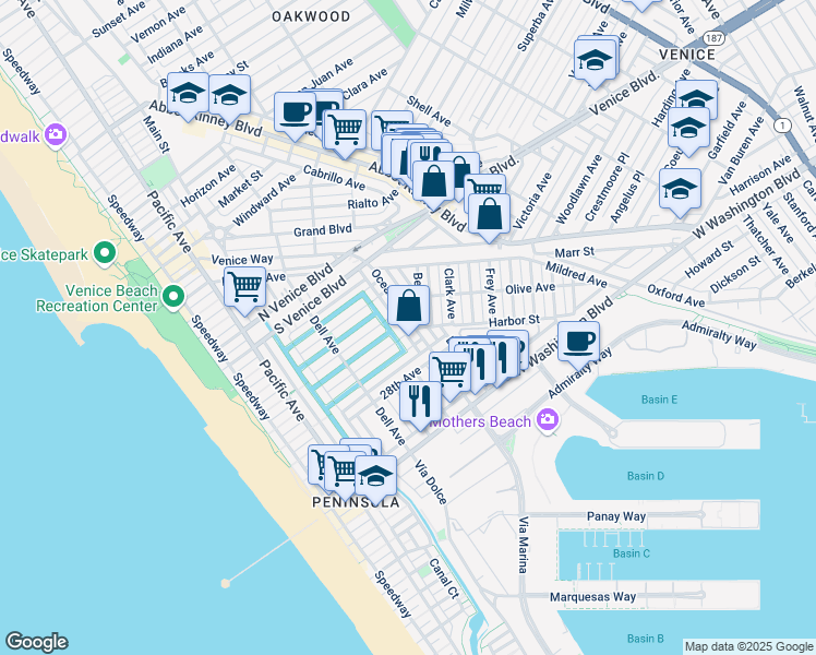 map of restaurants, bars, coffee shops, grocery stores, and more near 2425 Ocean Avenue in Los Angeles