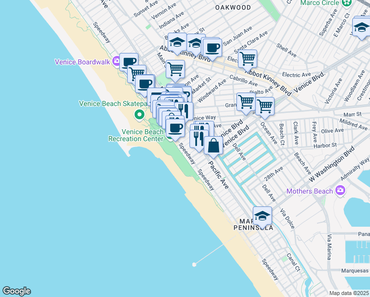 map of restaurants, bars, coffee shops, grocery stores, and more near 11 20th Avenue in Los Angeles
