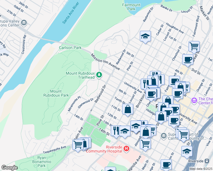 map of restaurants, bars, coffee shops, grocery stores, and more near 4494 9th Street in Riverside