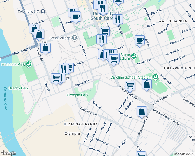 map of restaurants, bars, coffee shops, grocery stores, and more near 1 Cottonplace Lane in Columbia